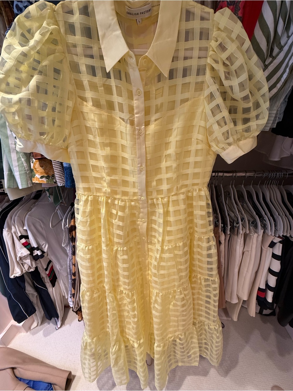 English Factory Lemon-Check Puff Sleeve Midi Dress